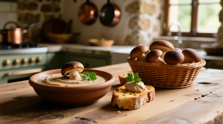 Mousse crémeuse aux cèpes et croûtons de pain grillé.